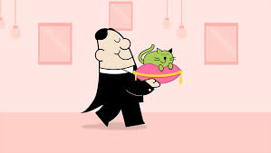Illustration of a butler holding a green cat on a pink cushion, symbolizing pampered pet care and cat etiquette.