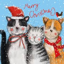 Three adorable cats wearing Christmas hats and scarves posing together in the snow with 'Merry Christmas' written above.