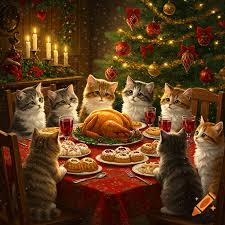 Cats celebrating a cat approved Christmas feast around a decorated table with turkey, candles, and a Christmas tree