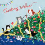 Illustration of playful cats climbing and playing around a decorated Christmas tree with the words “Christmas Wishes” – perfect for keeping cats safe at Christmas theme.