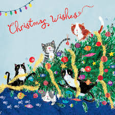 Illustration of playful cats climbing and playing around a decorated Christmas tree with the words “Christmas Wishes” – perfect for keeping cats safe at Christmas theme.