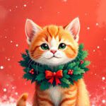 Festive orange cat with a Christmas wreath — why cats think Christmas is all about them.