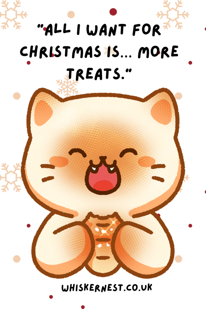 Cute festive illustration for Christmas cat quotes showing a happy cartoon cat holding a treat with snowflakes in the background.
